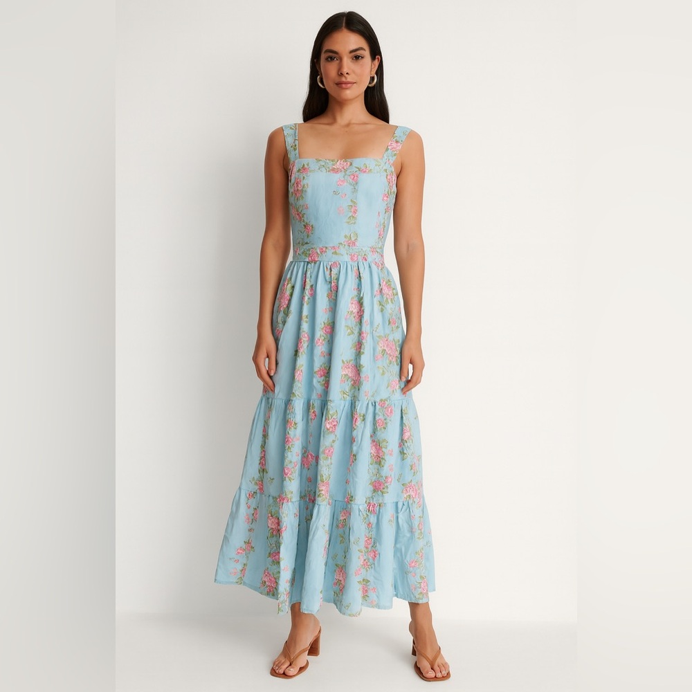 Chic Floral Light Blue Maxi Dress